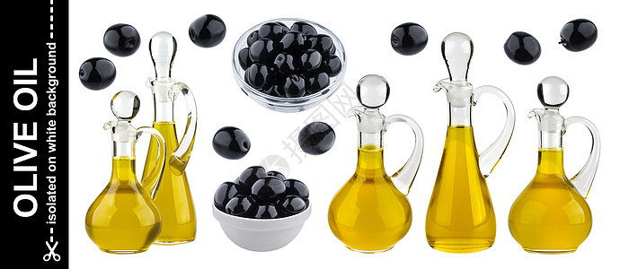在白背景和剪切路径上孤立的橄榄油宏观瓶子玻璃处女黄色黑色白色图片