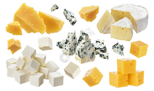 不同的奶酪片 白色背景中突显的切达干酪 帕尔马干酪 埃门塔干酪 蓝纹奶酪 卡门培尔干酪 羊乳酪图片