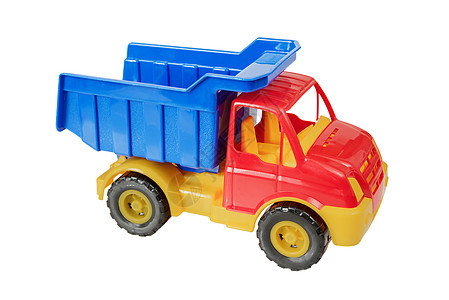 白色背景的玩具卡车婴儿玩物蓝色红色车辆黄色乐趣童年运输搬运工图片