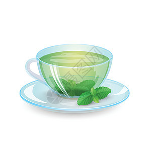 绿色茶和薄荷糖放在透明杯子里 在白色背景上隔绝 有机健康饮品 矢量图解图片