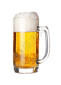 特写一个白色的冷冻啤酒玻璃杯泡沫饮料泡沫状琥珀色茶点黄色背光玻璃酒精图片