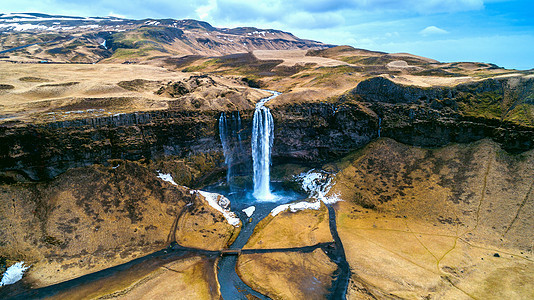 瀑布的空中景象 冰岛美丽的瀑布流动岩石彩虹石头日落太阳旅行旅游地标蓝色图片