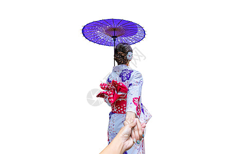 身着日本传统和服的亚裔妇女 带着白色背景的雨伞戏服庆典仪式衣服街道女性广告文化女孩古董图片