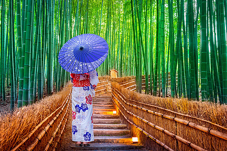 竹林 亚洲女人在日本京都的竹林 穿着日式传统和服栅栏地标木头文化场景环境寺庙森林女孩街道图片