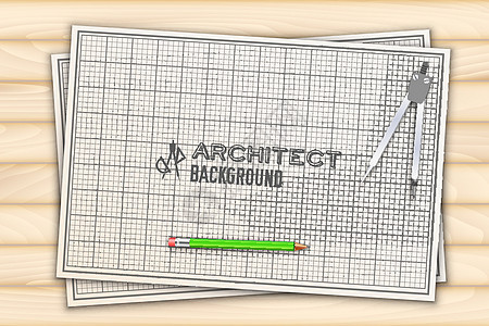 具有专业设备背景的建筑师木桌项目 矢量插图设计工程师建造卡片草稿蓝图艺术设计师绘画厘米网格图片