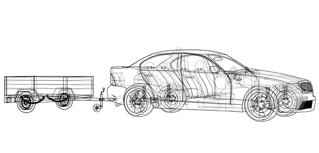 带有开放式拖车草图的轿车 韦克托插图运输绘画货运送货汽车货物后勤车轮草稿图片