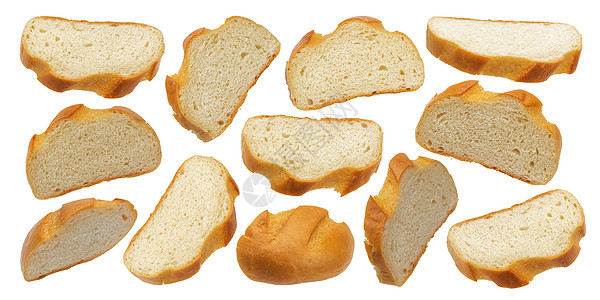 白底白皮上孤立的白面包切片图片