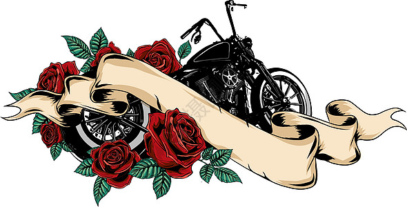 矢量插画老式斩波器摩托车和玫瑰邮报围巾风俗团伙排气引擎轮子速度发动机国家自行车图片