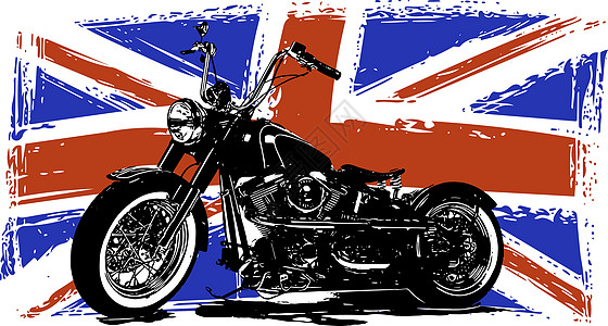 自订摩托车 背景上挂着巨大的纸旗发动机联盟管道金属排气管风俗旗帜冒险车轮自由图片