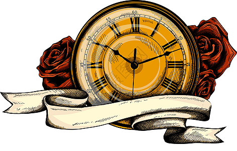 带有玫瑰图案的复古怀表标签花瓣古董装饰手表圆圈口袋点缀风格蒸汽图片