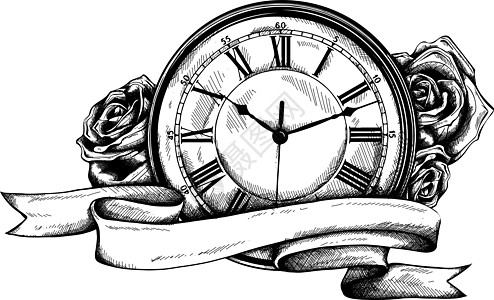 带有玫瑰图案的复古怀表标签手表花瓣蒸汽风格装饰插图时间圆圈古董图片