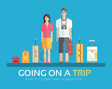 平面设计背景概念中的旅行度假行李 已婚夫妇在旅行中收集东西 您的产品或插图 网络和移动应用程序的图标女士旅游季节案件手提箱货物冒图片