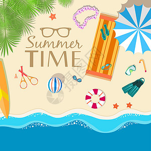 夏季 vecetion 时间背景矢量图概念阳光海星棕榈冲浪板太阳波浪脚蹼毛巾球拍花圈图片