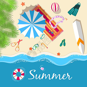 夏季 vecetion 时间背景矢量图概念阳伞球拍太阳救生圈眼镜橙子花朵海洋海滩冲浪板图片