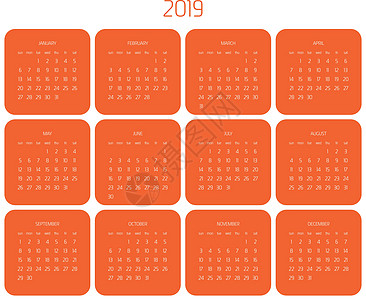 矢量日历  2019年 从星期天开始 简单的平面矢量插图日记规划师标签数字橙子时间议程横幅卡片英语图片