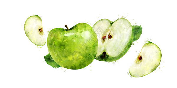 白色背景上的青苹果 它制作水彩画徽章蜜饯水彩果汁厨房食物美食绘画插图斑点图片