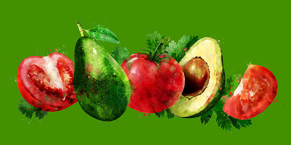 绿背景的阿沃卡多和西红柿餐厅包装美食叶子果汁蜜饯插图厨房蔬菜标签图片