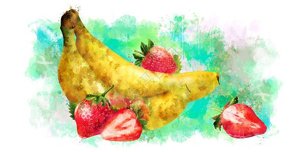 白色背景上的香蕉和草莓 它制作水彩画斑点徽章叶子标签美食广告水果浆果果汁蜜饯图片