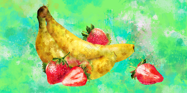 蓝背景的香蕉和草莓 水彩色插图图片