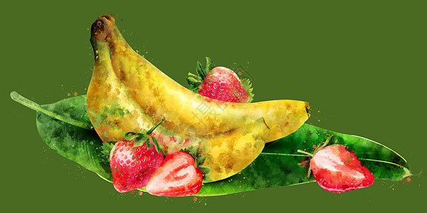 在绿色背景的香蕉和草莓 它制作水彩画烹饪徽章果汁包装广告水果斑点叶子食物蜜饯图片