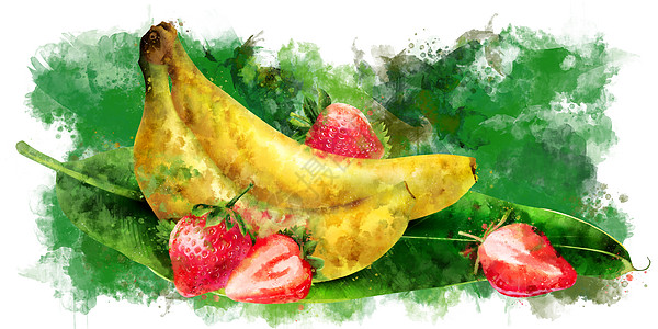 在绿色背景的香蕉和草莓 它制作水彩画甜点徽章广告插图水果斑点餐厅食物厨房绘画图片