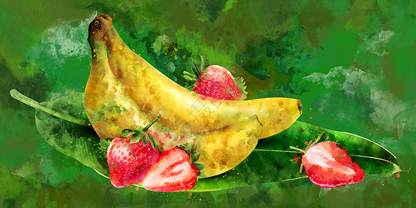 在绿色背景的香蕉和草莓 它制作水彩画食物厨房水果包装绘画果汁美食蜜饯斑点徽章图片