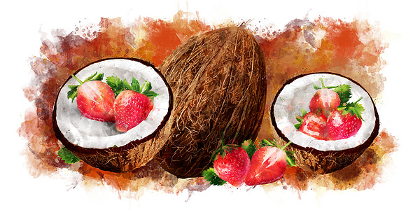 白底水彩椰子和草莓烹饪斑点水果浆果绘画插图果汁收成美食标签图片
