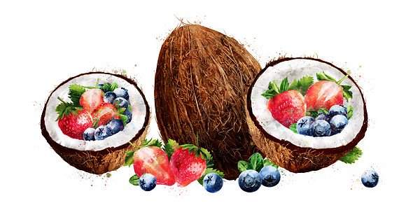 白底水彩椰子 蓝莓和草莓果汁甜点蜜饯插图标签收成水果食物浆果餐厅图片