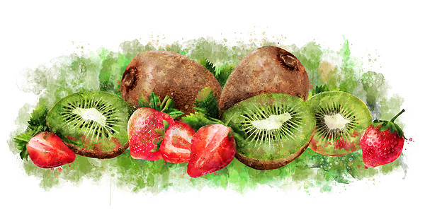 白色背景的草莓和kiwi 水彩图插图巧克力生态甜点标签绘画厨房餐厅包装蜜饯图片