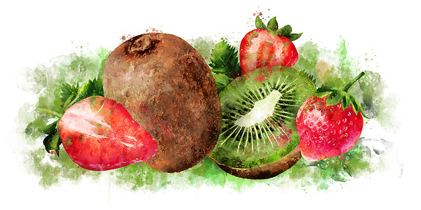 白色背景的草莓和kiwi 水彩图甜点标签斑点橙子厨房美食蜜饯收成食物生态图片