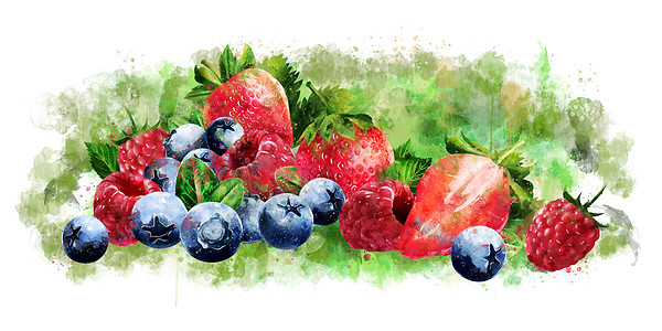 水彩草莓沙冰白色背景上的覆盆子蓝莓和草莓 它制作水彩画水果收成生态厨房果汁烹饪包装徽章食物绘画背景