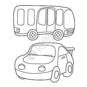 公共汽车和汽车的轮廓黑白卡通 儿童图画书图片