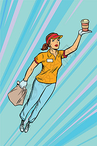 女服务员咖啡快餐快餐运送 飞行超级英雄帮助图片