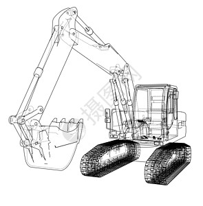 挖掘机概念大纲 韦克托运动金属机械运输矢量绘图刮刀商业拖拉机挖掘图片
