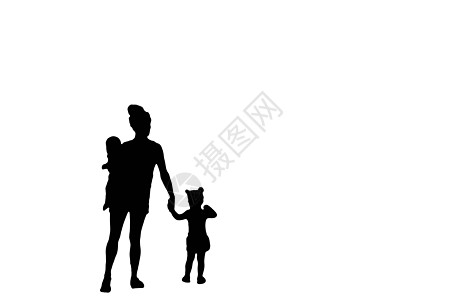 一位母亲抱着婴儿 手牵着小女孩的家庭剪影 她的小女孩被隔离在白色背景中图片