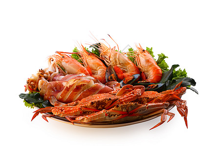 混合海鲜烧烤 在白色剪切路径上被隔离螃蟹午餐营养鳟鱼香料炙烤美食食物餐厅蔬菜图片