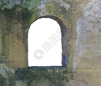 旧的脏石头墙 开着窗框 被切掉并隔离在白中世纪背景纹理上图片