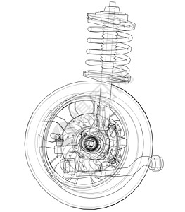 带轮子轮胎和减震器的汽车悬架金属圆柱震惊圆圈维修机械绘画车轮插图线条图片