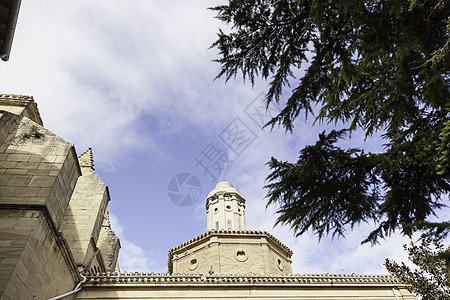 哥特教堂塔建筑蓝色建筑学旅游石头阳光旅行植物地标女士图片