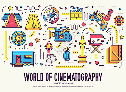 优质影院行业细线设计套装 拍摄简约符号信息图表 和插图概念的大纲电影技术模板娱乐聚光灯操作员推介会戏服海报演员电脑展示特技图片