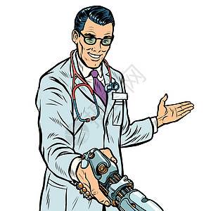 医生与机器人医学和保健握手 假肢图片