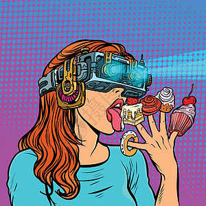 戴着虚拟现实眼镜吃甜食的女人女士小吃蒸汽菜单流行音乐馅饼焦糖糖果羊角派对图片