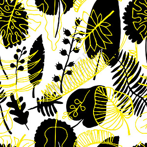 无缝花纹 矢量自然明亮背景插图黄色棕榈热带异国绘画黑色叶子植物群植物图片