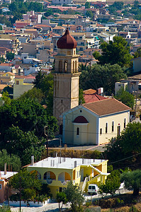 教会在城市Zakynthos房子大厦建筑背景图片