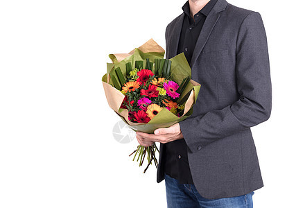 人送花给人套装黑色礼物白色惊喜男人展示庆典绿色花束图片