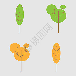 一组抽象的程式化树 原始风格 夏秋绿橙树植物学绿树季节网络树木花园树枝衬套环境树干图片