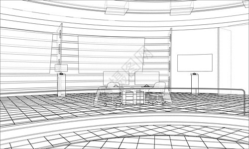 3D 轮廓内部  3 的矢量渲染素描建筑师地面项目文档绘画插图住房监视器房间图片