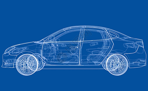 概念车  3 的矢量渲染插图轿车数字化家用车草稿货物框架车轮草图技术图片