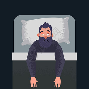 无眠失眠概念艺术 疯狂的漫画家头脑恶梦男人警报困倦时间床垫焦虑卡通片插图图片