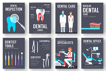 牙科办公室内部信息卡套装 封面横幅的卫生模板 临床信息图表概念背景 布局牙科插图现代页面口服牙疼椅子手术职场医院药品小册子工具设图片